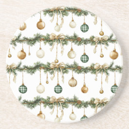 Rustic Brown Bows Cream Green Christmas   Zandsteen Onderzetter