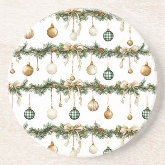Rustic Brown Bows Cream Green Christmas   Zandsteen Onderzetter (Voorkant)