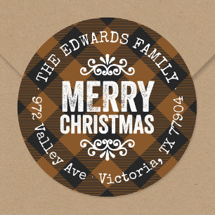Rustic Brown Buffalo Check Holiday Return Adres Ronde Sticker