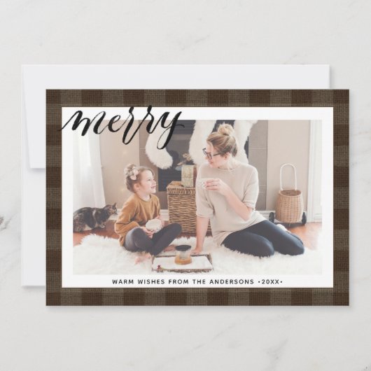Rustic Brown Buffalo Pset Elegant Script MERRY Feestdagenkaart (Voorkant)