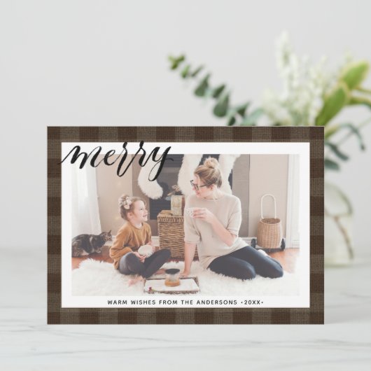 Rustic Brown Buffalo Pset Elegant Script MERRY Feestdagenkaart (Staand voorkant)