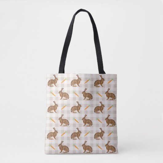 Rustic Brown Bunnies And Carrots Beige Gingham Tote Bag (Voorkant)