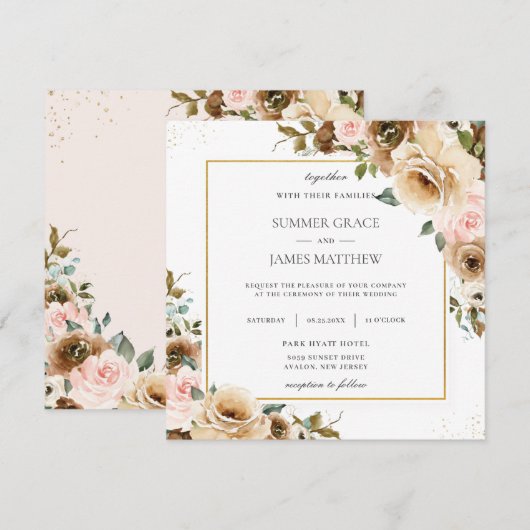 Rustic Brown Cream Blush Floral Greenery Invitatio Kaart (Voorkant / Achterkant)
