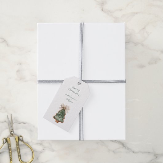 Rustic Brown Cream Green Christmas Tree Bow Cadeaulabel (Met Touw)