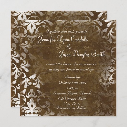  Rustic Brown Damask Wedding Invitations Kaart (Voorkant / Achterkant)