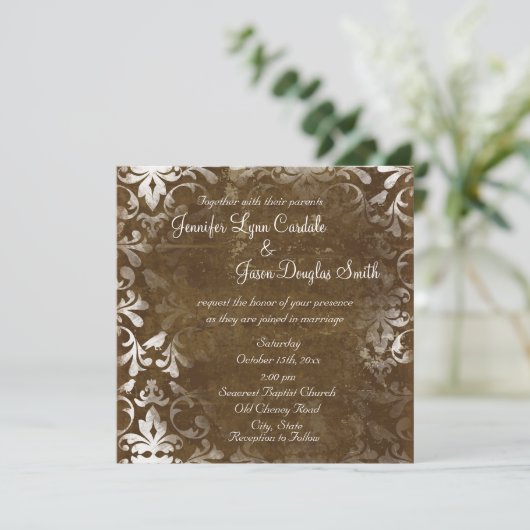  Rustic Brown Damask Wedding Invitations Kaart (Staand voorkant)