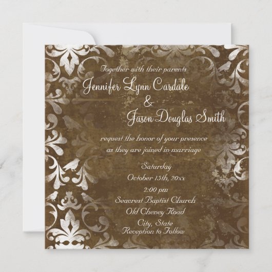 Rustic Brown Damask Wedding Invitations Kaart (Voorkant)