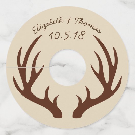 Rustic Brown Deer Antlers & Taupe Wedding Wijnglaslabel (Voorkant)