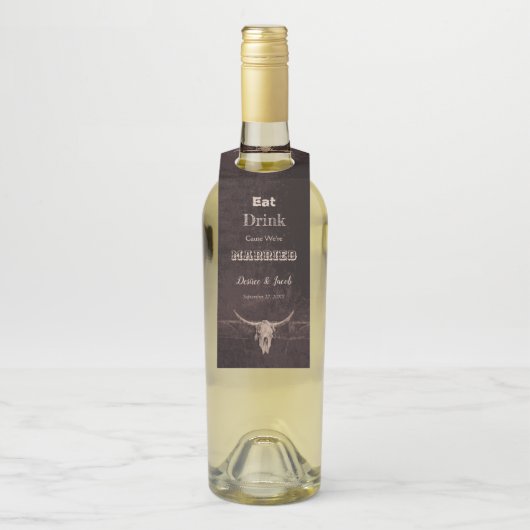 Rustic Brown Eat Drink Gehuwd Western Bull Skull Flessenhanger (Op fles)