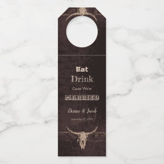 Rustic Brown Eat Drink Gehuwd Western Bull Skull Flessenhanger (Voorkant)