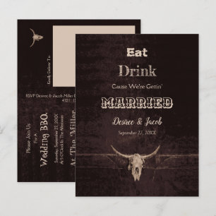 Rustic Brown Eat Drink Married Bull Skull Aankondigingskaart