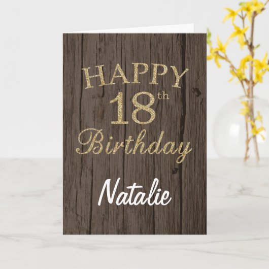 Rustic Brown en Gold Glitter 18e Verjaardag Kaart (Gele Bloem)