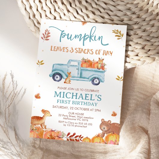Rustic Brown Fall Pumpkin Truck 1st Birthday Kaart