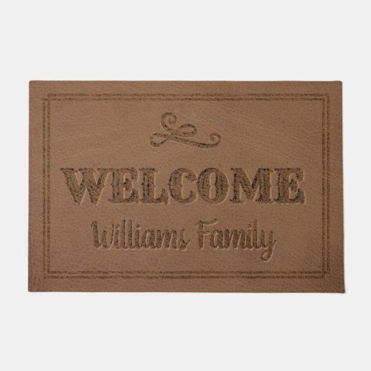 Rustic Brown Faux Leather Monogram Name Welkom Deurmat (Voorkant)