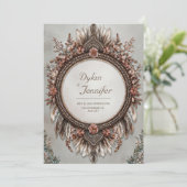 Rustic Brown Feather Dusty Rose Floral Wedding Kaart (Staand voorkant)