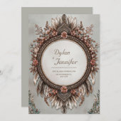 Rustic Brown Feather Dusty Rose Floral Wedding Kaart (Voorkant / Achterkant)