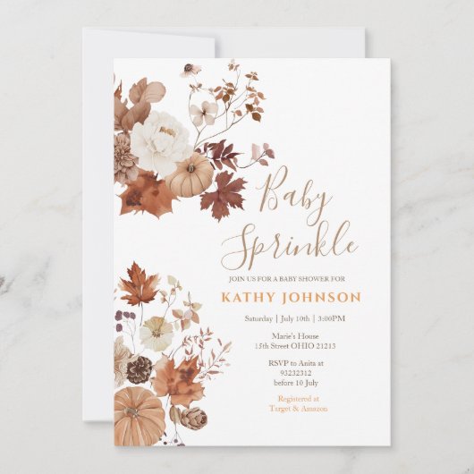 Rustic Brown Floral Fall Baby Sprinkle Invitation Kaart (Voorkant)