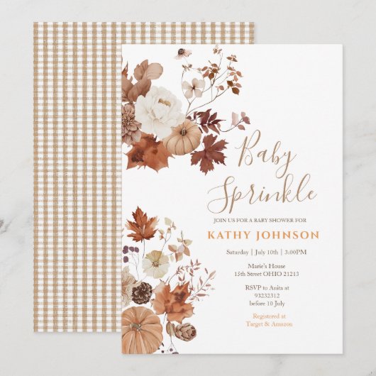 Rustic Brown Floral Fall Baby Sprinkle Invitation Kaart (Voorkant / Achterkant)