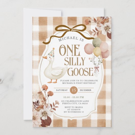 Rustic Brown Gingham One Silly Goose Birthday  Kaart (Voorkant)