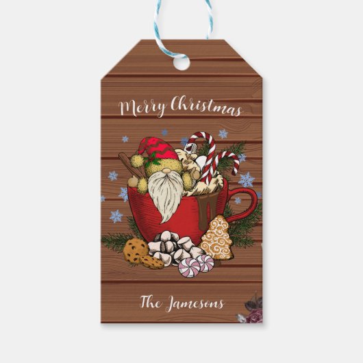 Rustic Brown Gnome Merry Kerstsneeuwvlokken Cadeaulabel (Voorkant)