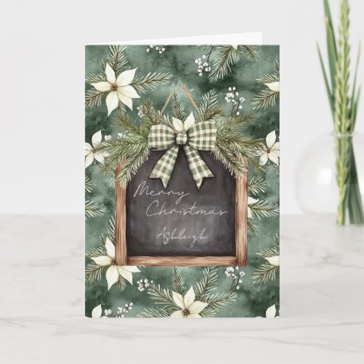 Rustic Brown Green Christmas Chalkboard Floral Bow Kaart (Voorkant)