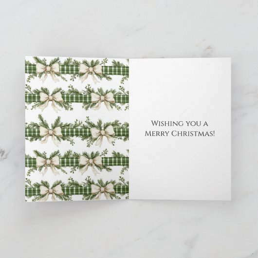 Rustic Brown Green Christmas Chalkboard Floral Bow Kaart (Binnen)