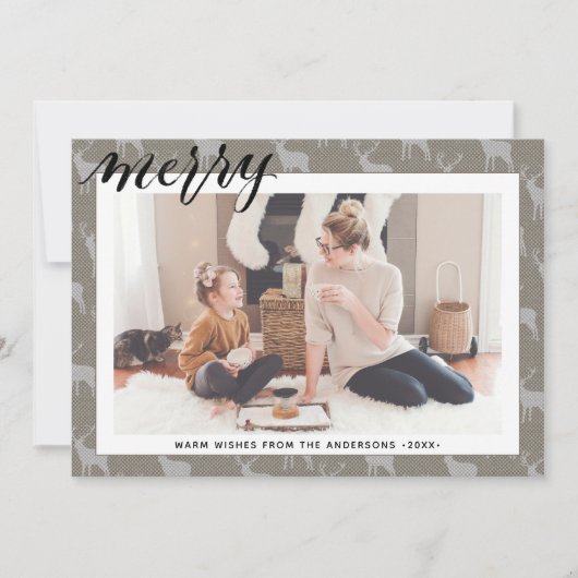 Rustic Brown Grey Burlap Elegant Script MERRY Feestdagenkaart (Voorkant)