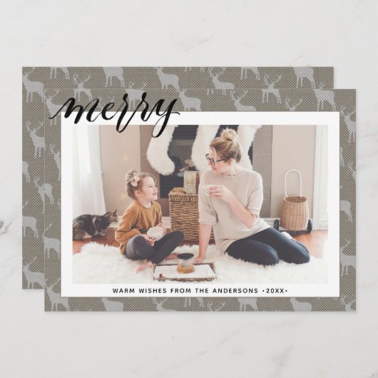 Rustic Brown Grey Burlap Elegant Script MERRY Feestdagenkaart (Voorkant / Achterkant)