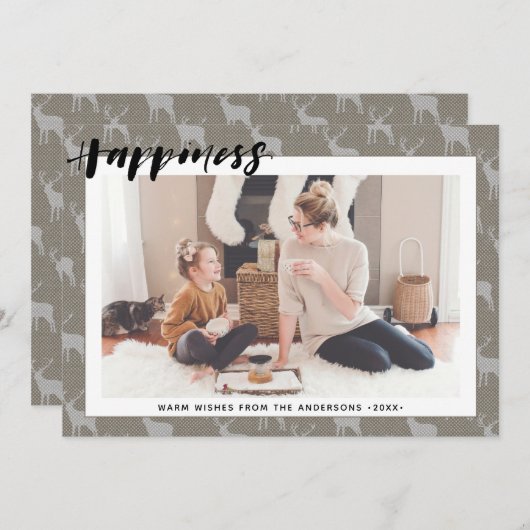 Rustic Brown Grey Burlap Simple Script HAPPINESS Feestdagenkaart (Voorkant / Achterkant)