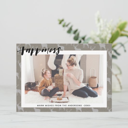 Rustic Brown Grey Burlap Simple Script HAPPINESS Feestdagenkaart (Staand voorkant)