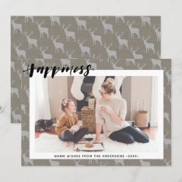 Rustic Brown Grey Burlap Simple Script HAPPINESS Feestdagenkaart