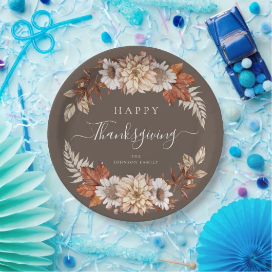 Rustic Brown Herfst Floral Happy Thanksgiving Papieren Bordje (Feest)