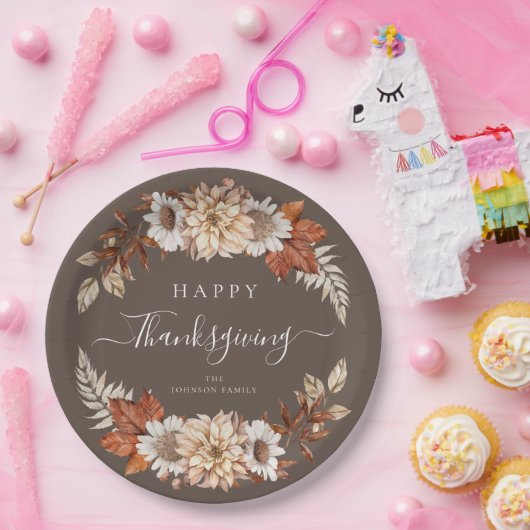 Rustic Brown Herfst Floral Happy Thanksgiving Papieren Bordje (Feest)