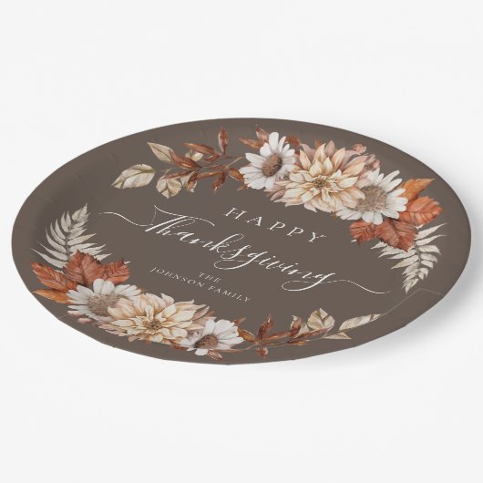 Rustic Brown Herfst Floral Happy Thanksgiving Papieren Bordje (Gekanteld)