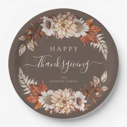 Rustic Brown Herfst Floral Happy Thanksgiving Papieren Bordje (Voorkant)