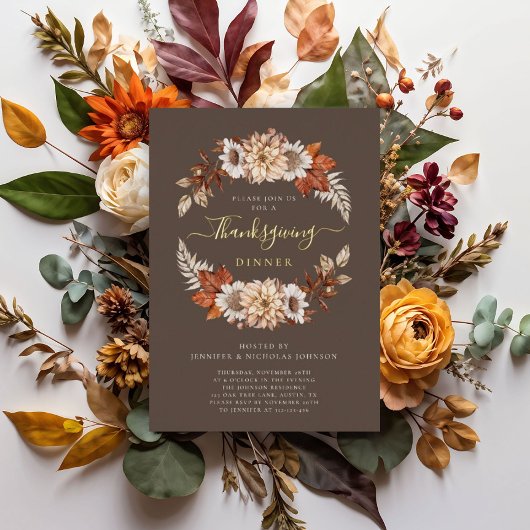 Rustic Brown Herfst Floral Thanksgiving Dinner Gol Folie Uitnodiging