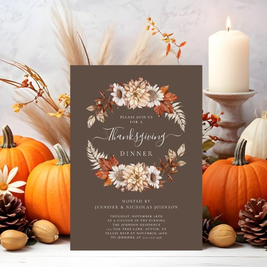 Rustic Brown Herfst Floral Thanksgiving Dinner Kaart