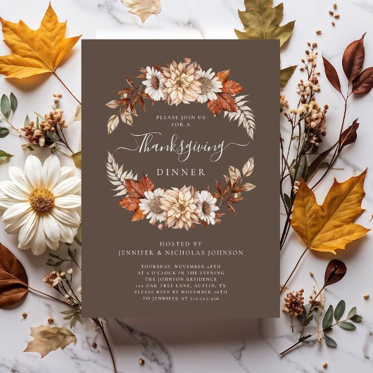 Rustic Brown Herfst Floral Thanksgiving Dinner Kaart