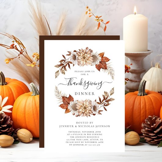 Rustic Brown Herfst Floral Thanksgiving Dinner Kaart