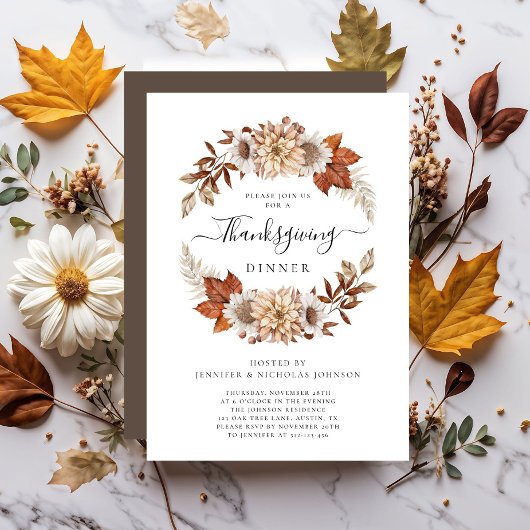 Rustic Brown Herfst Floral Thanksgiving Dinner Kaart