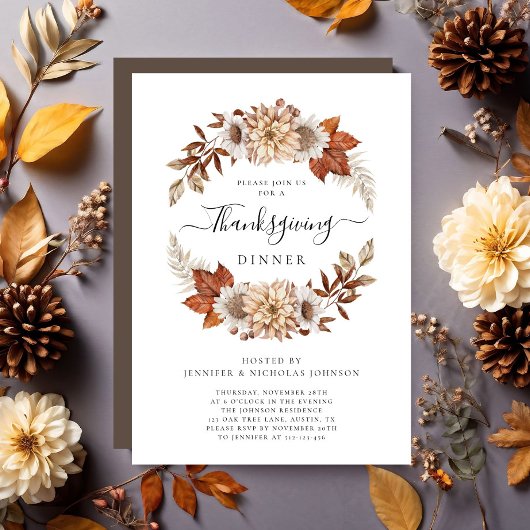 Rustic Brown Herfst Floral Thanksgiving Dinner Kaart