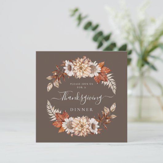 Rustic Brown Herfst Floral Thanksgiving Dinner Kaart (Staand voorkant)