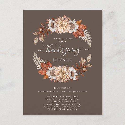 Rustic Brown Herfst Floral Thanksgiving Dinner Uitnodiging Briefkaart (Voorkant)