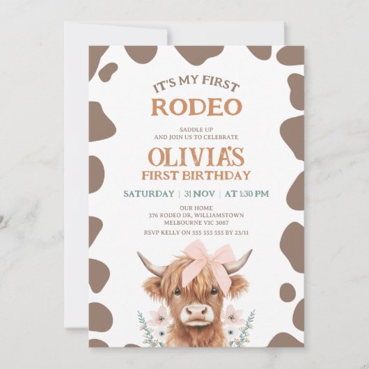 Rustic Brown Highland Cow First Rodeo 1st Birthday Kaart (Voorkant)