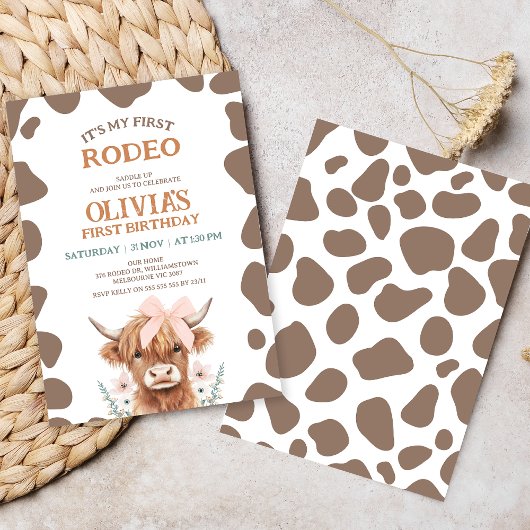 Rustic Brown Highland Cow First Rodeo 1st Birthday Kaart