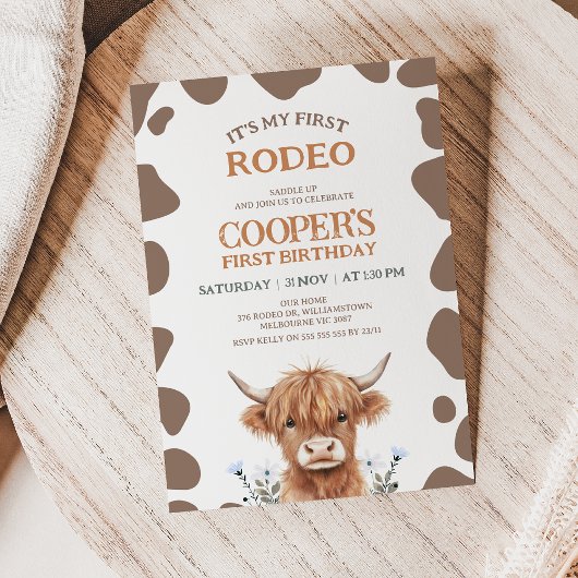 Rustic Brown Highland Cow First Rodeo Birthday Kaart