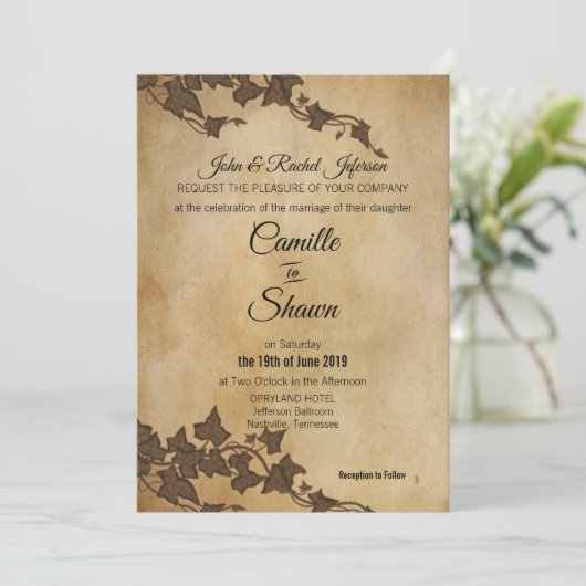 Rustic Brown Ivy bruiloft uitnodiging (Staand voorkant)