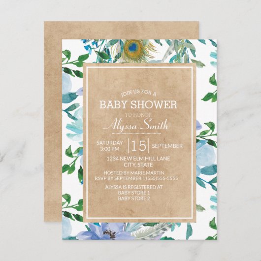 Rustic Brown Kraft Blue White Floral Baby shower Kaart (Voorkant / Achterkant)