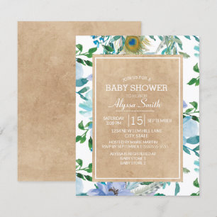 Rustic Brown Kraft Blue White Floral Baby shower Kaart