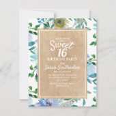 Rustic Brown Kraft Blue White Floral Sweet 16 Kaart (Voorkant)